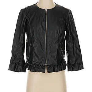 Roz & Ali Black  Faux Leather Ruffled Jacket- XS